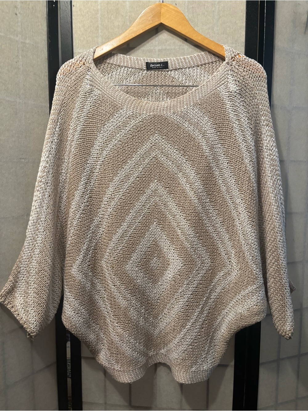 BOLIDE L Italy Made Knit Crochet Diamond-Pattern Bat Wing Sleeve Sweater